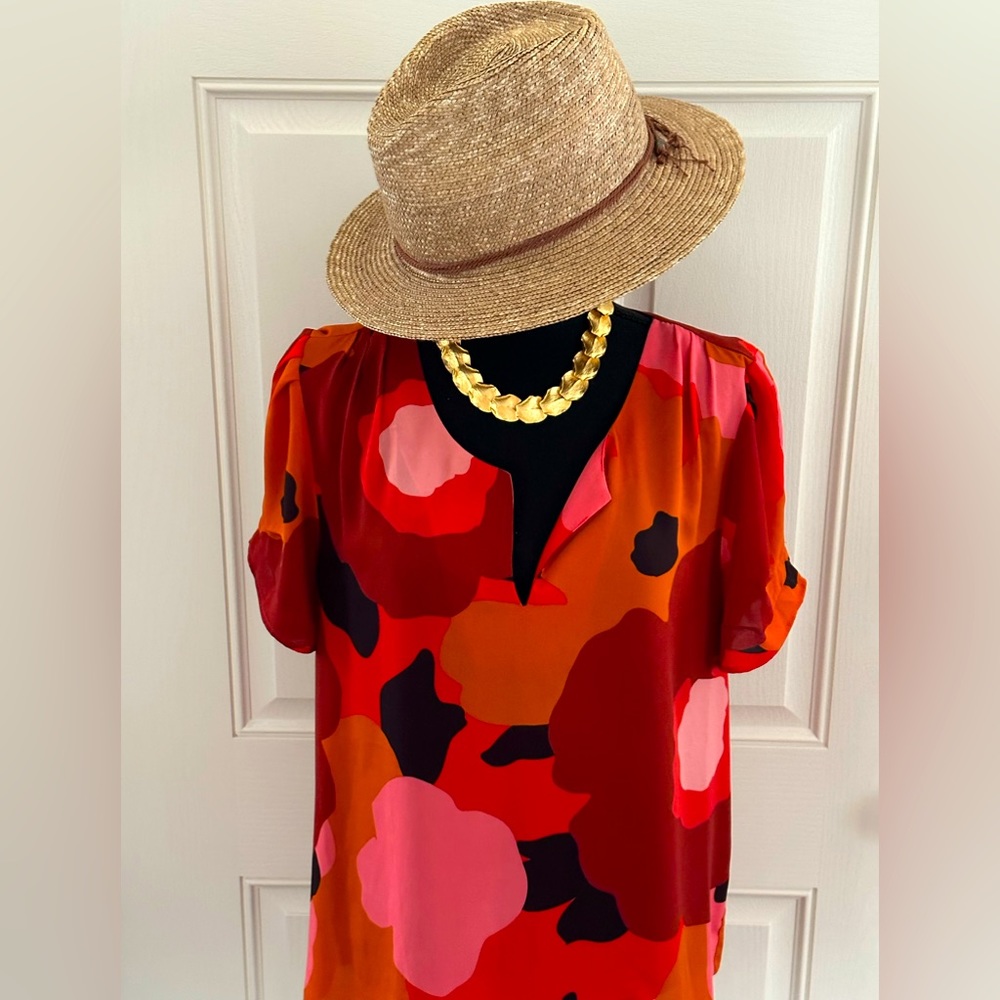 DR2 Mod Floral Short Sleeve Blouse in Coral & Pink Tones, L - Picture 3 of 8